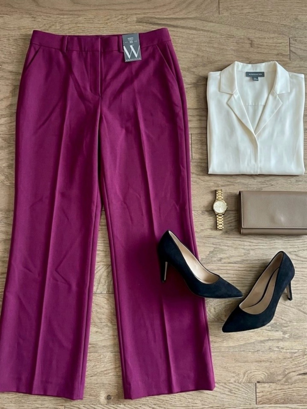 NWT Worthington High Rise Trouser Pants Size 12 Plum Magenta Wide Leg Dress Work